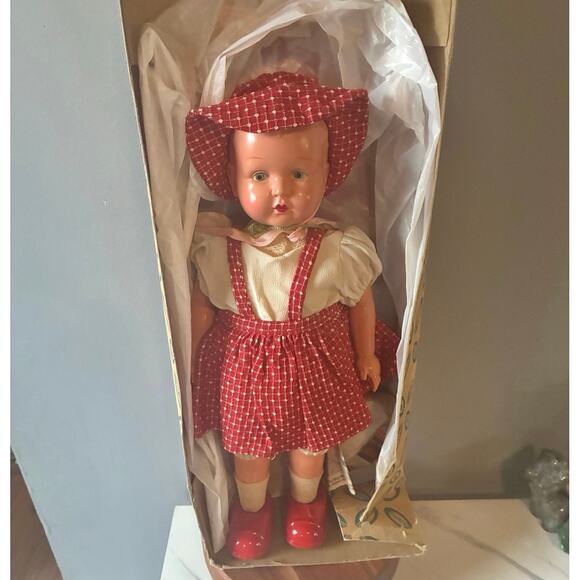 Vintage Curtis Wind-Up Doll in Original Box – Red Gingham Outfit Works Rare 50s - Picture 1 of 11